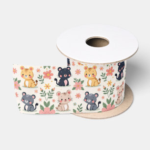 Ruban En Satin Chats de jungle de dessin animé mignons et fleurs