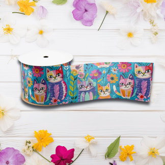 Ruban En Satin Chats et fleurs colorés Anniversaire lunaire