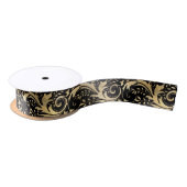 Ruban En Satin Chic Black Gold Floral Scroll Motif moderne (Bobine)