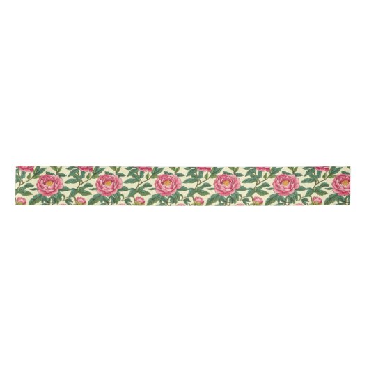 Ruban En Satin Chinoiserie rose, verte et jaune Florale (Devant)