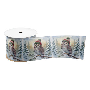 Ruban En Satin Chouette aquarelle de Noël dans un chapeau d'hiver