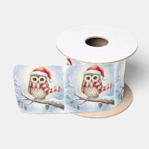 Ruban En Satin Chouette de Noël à l'aquarelle avec un chapeau de