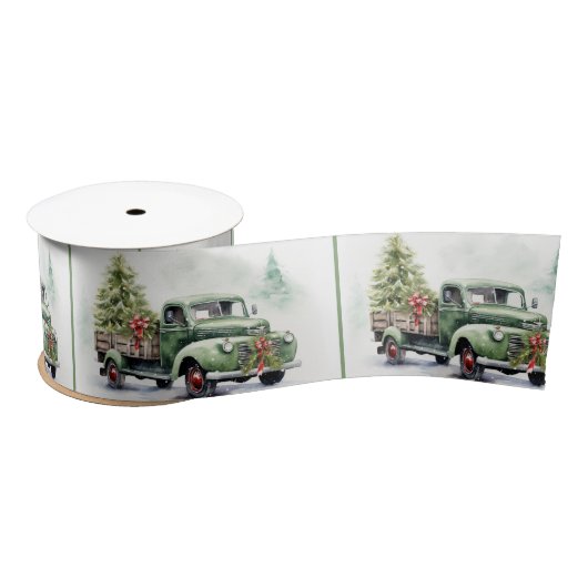Ruban En Satin Christmas Green Retro Truck With Tree (Bobine)