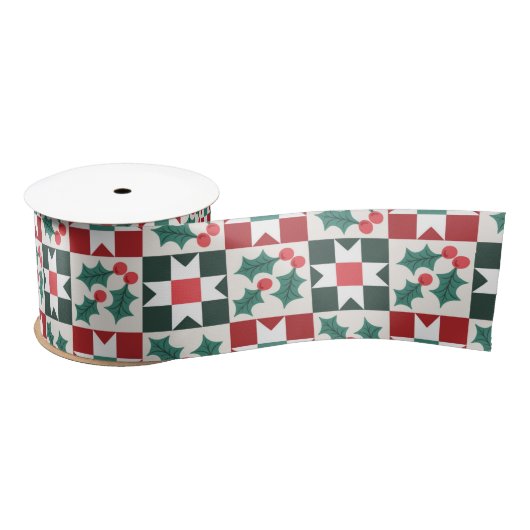 Ruban En Satin Christmas Holly Feuille Geo Quilt (Bobine)