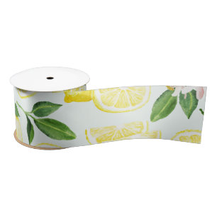 Ruban En Satin Citrons Aquarelle Fruit d'été Motif sur la menthe