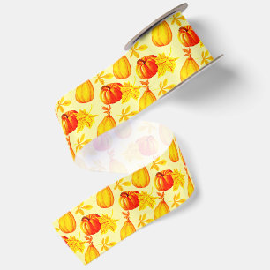 Ruban En Satin Citrouilles et Feuilles d'Automne Motif Automnal