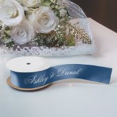 Ruban En Satin Classic Mariage Bleu Élégant Script Calligraphie