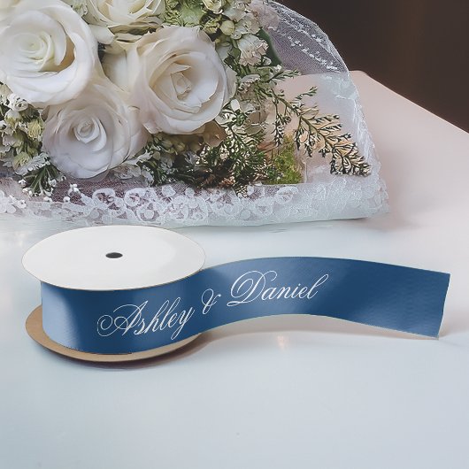 Ruban En Satin Classic Mariage Bleu Élégant Script Calligraphie