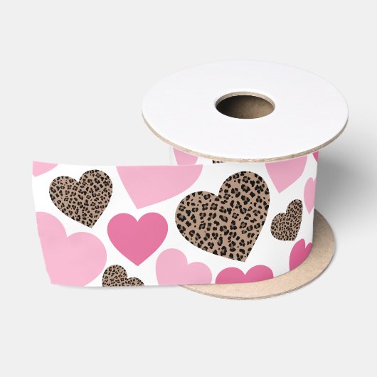Ruban En Satin Cœurs de léopard et rose (Bobine)