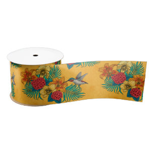 Ruban En Satin Colibris et bouquet tropical en jaune