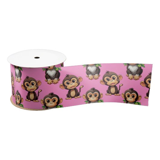 Ruban En Satin Conception de motif singe rose (Bobine)