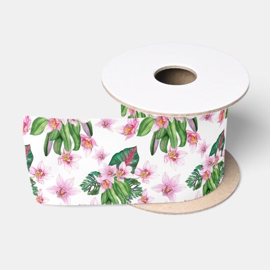 Ruban En Satin Conception d'orchidées à l'aquarelle 30 (Bobine)