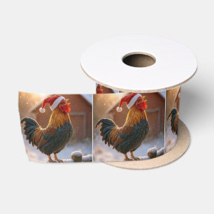 Ruban En Satin Coq de Noël chantant sur une clôture enneigée