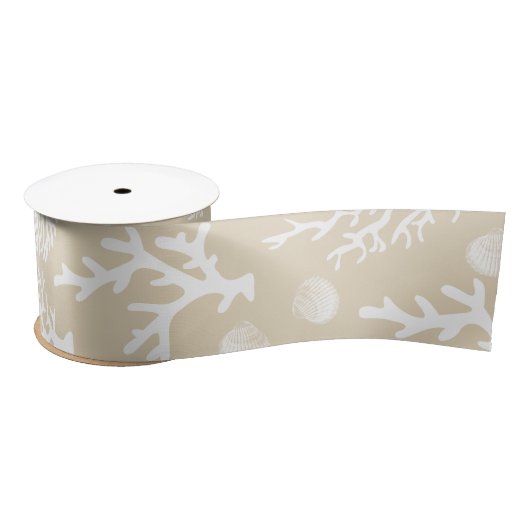 Ruban En Satin Coraux et coquillages blancs côtiers (Bobine)