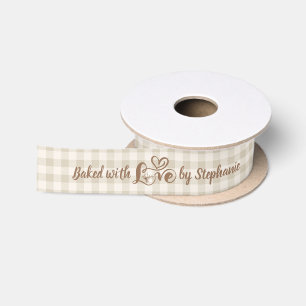 Ruban En Satin Cuisiné avec amour, carreaux gingham neutres perso