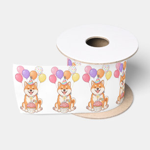 Ruban En Satin Cute Shiba Inu Dog Violet et Rose Anniversaire