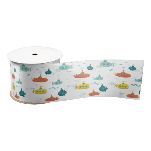 Ruban En Satin Cute Submarine Nautical Deep Sea Fish Pattern (Bobine)