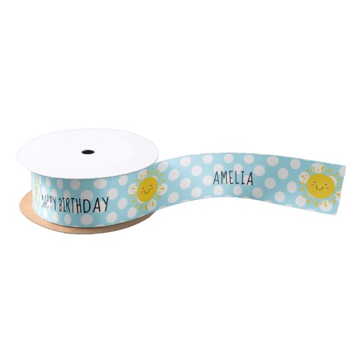 Ruban En Satin Cute Sunshine Joyeux Anniversaire Polka Dot Blue (Bobine)