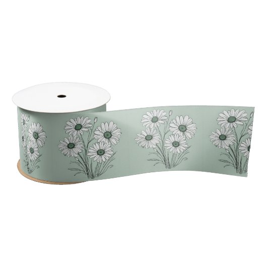 Ruban En Satin Daisy Sketch Sur Sage Green (Bobine)