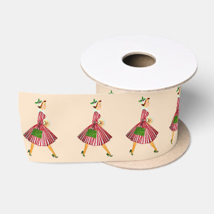 Ruban En Satin Dame de Noël 1950 Rose Rouge Vert
