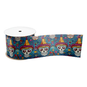 Ruban En Satin Dia de Muertos, motif de crânes de sucre bleu