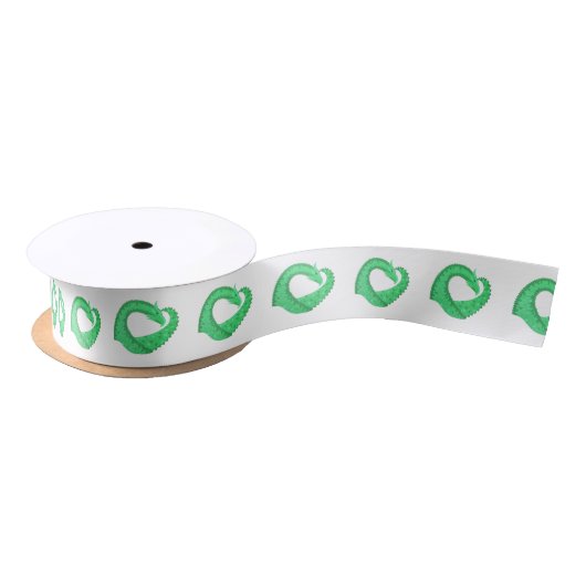 Ruban En Satin Dragon de coeur vert sur blanc (Bobine)