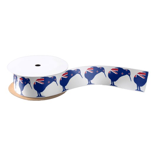 Ruban En Satin Drapeau néo-zélandais avec Kiwi SIlhouette (Bobine)