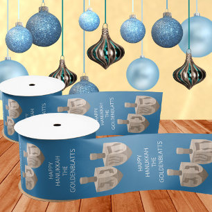 Ruban En Satin Dreidel Rustic Chêne Cute Bleu Custom Hanoukka