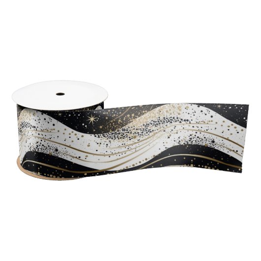 Ruban En Satin Elégant Blanc Or Black Grilles Wavy (Bobine)