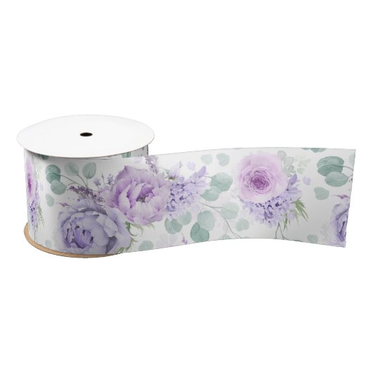 Ruban En Satin Élégant botanique floral pourpre poussiéreux (Bobine)