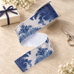 Ruban En Satin Élégant damas bleu toile de jouy monogramme
