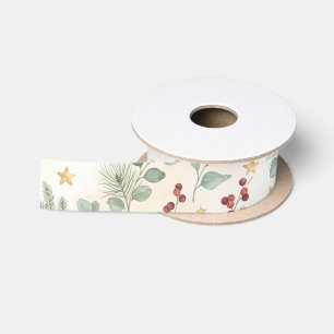 Ruban En Satin Élégant feuillage de Noël Baies rouges aquarelle
