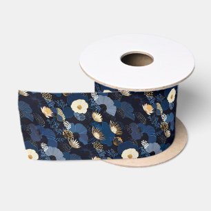 Ruban En Satin Élégant Fleur Florale Bleu Foncé de Style Japonais