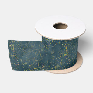 Ruban En Satin Élégant floral bleu sarcelle foncé aquarelle feuil