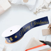 Ruban En Satin Elégant Joyeux Noël avec étoiles bleu