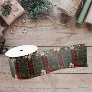 Ruban En Satin Élégant Plaid & Poinsettias Noël