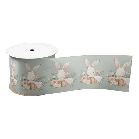 Ruban En Satin Elégant Sage Vert Aquarelle Lapin Lapin Lapin Bébé (Bobine)