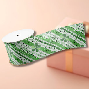 Ruban En Satin Élégant Vert et Blanc Rayures Trèfle Paillettes
