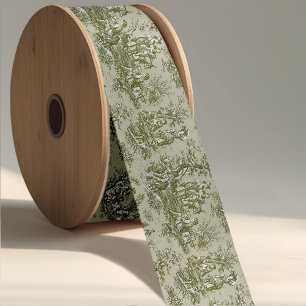 Ruban En Satin Élégant Vert Olive Toile De Jouy Vintage