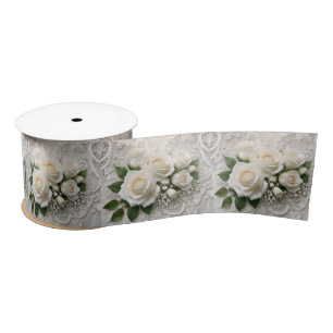 Ruban En Satin Elégante Dentelle Mariage Blanche Et Roses,