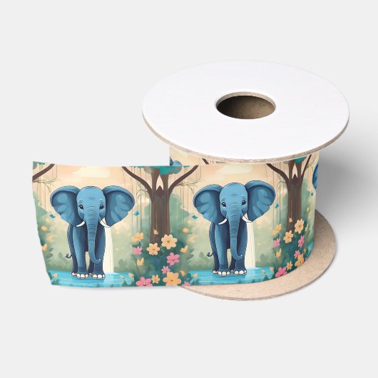 Ruban En Satin Eléphant Bébé Bleu Whimsical, (Bobine)