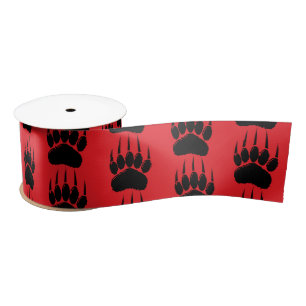 Ruban En Satin Empreinte de patte d'ours noir brillant sur rouge