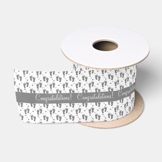 Ruban En Satin Empreintes de pas et coeurs gris de bébé (Bobine)