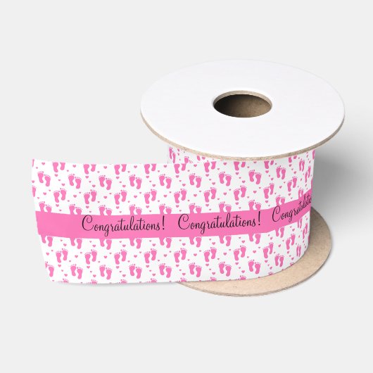Ruban En Satin Empreintes de pas et coeurs roses de bébé (Bobine)