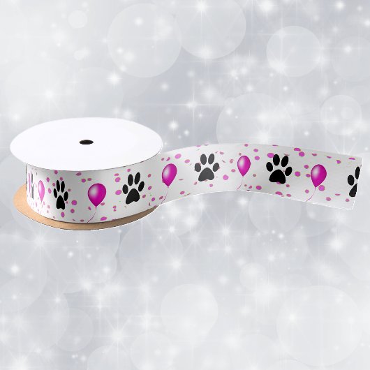 Ruban En Satin Empreintes de pattes de chatte en silhouette noire