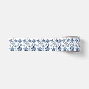 Ruban En Satin Étoiles de Noël Delft Bleu Blanc Motif Floral