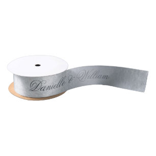 Ruban En Satin Faux Argent Metallic Élégant Gris Mariage Script