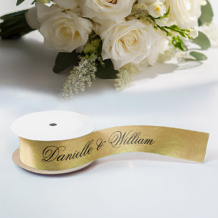 Ruban En Satin Faux Or Feuille Mariage Élégant Calligraphie Noire