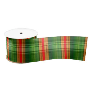 Ruban En Satin Festif Vert, Rouge & Or Plaid (Tartan) Rib satiné