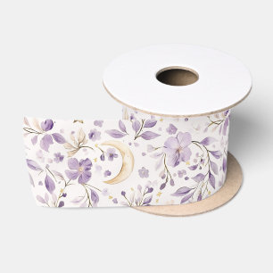 Ruban En Satin Fête de Bébé Florale Lunes et Étoiles Blanc Violet